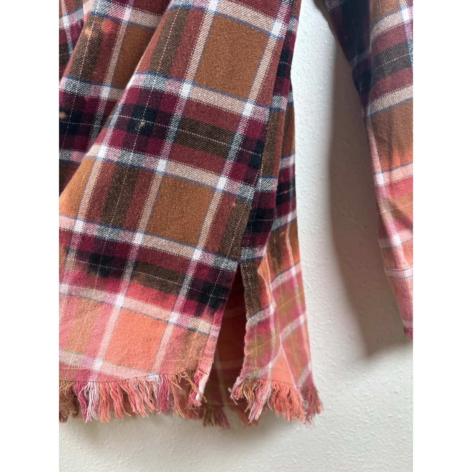 ONE 24 RAGS Distressed Bleached Plaid Flannel Shirt Women's Small Frayed Hem Brown - Image 7