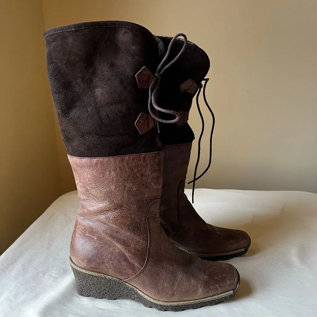 Eric Michael Eric Michael Two-Tone Leather Knee High Boots 39 Fur Lined Wedge Heel - Image 10