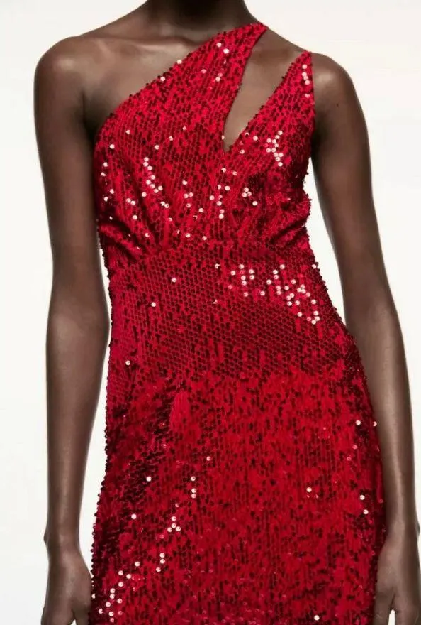 Red Velvet Sequin Dress Size S - Image 4