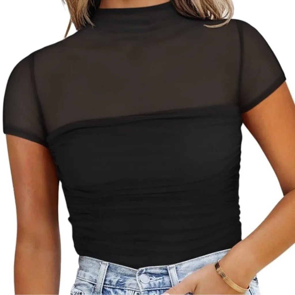 NWT REORIA Women’s Sheer Mesh Ruched Bodysuit – Medium Black - Image 3