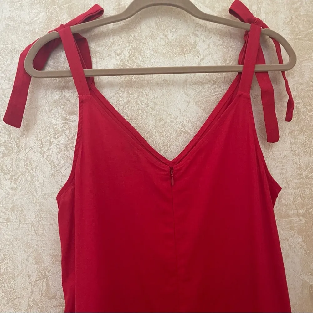 Everlily Red Linen midi jumpsuit romper sleeveless v - Image 6