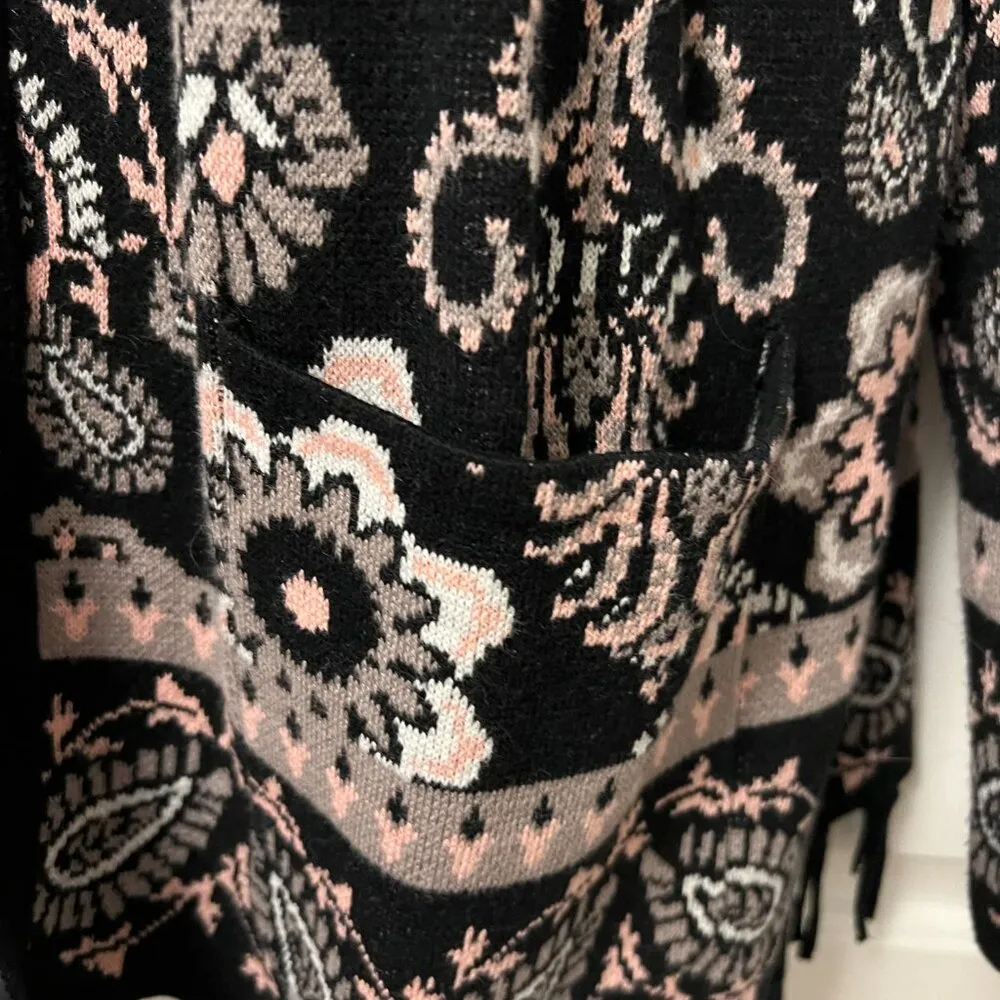 Isaac Mizrahi Live Black & Pink Floral Open-Front Sweater w/Fringe - Image 4