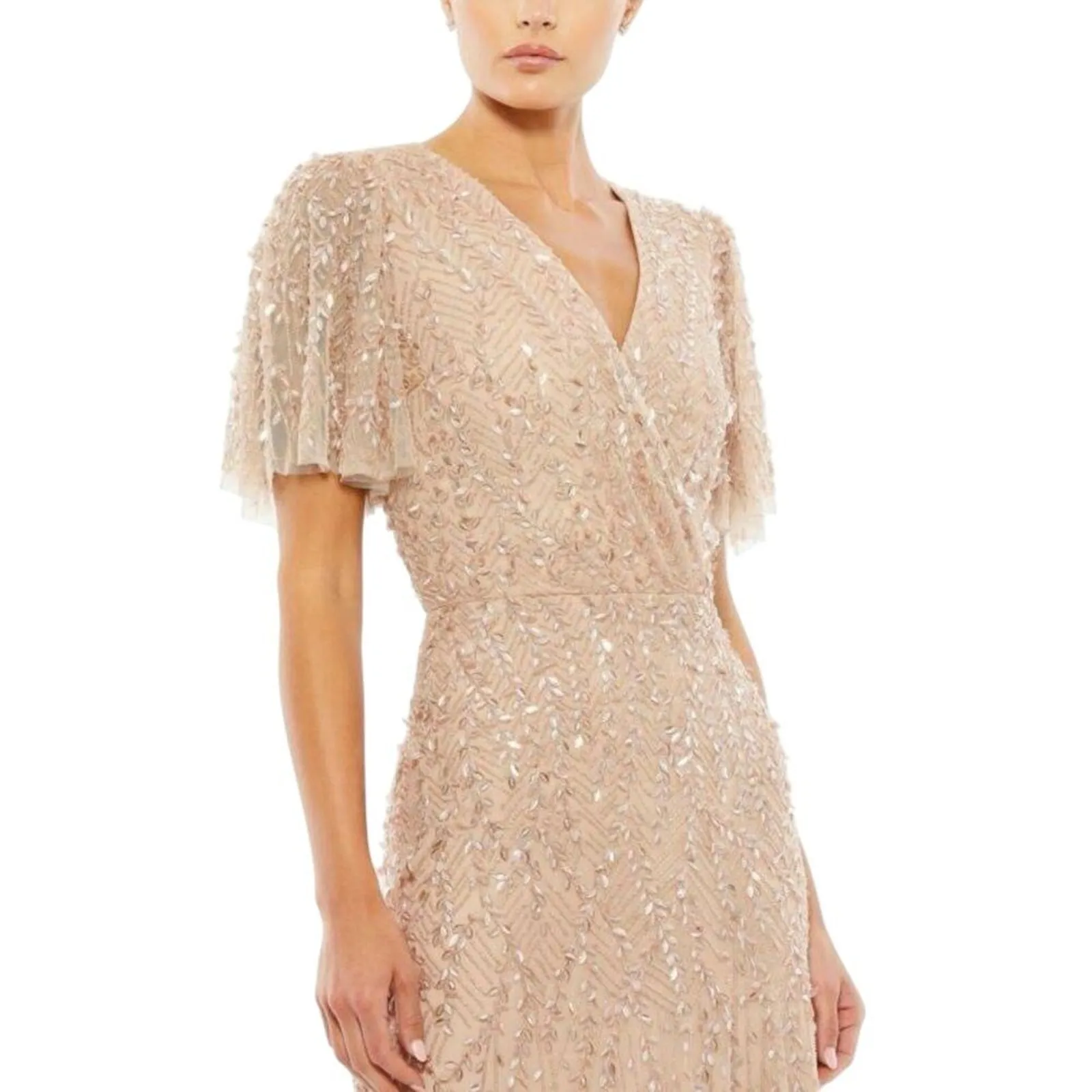 MAC DUGGAL 35109 Beaded Flutter Sleeve Gown in Nude Size 16 New w/ Tag MSRP $698 - Image 7