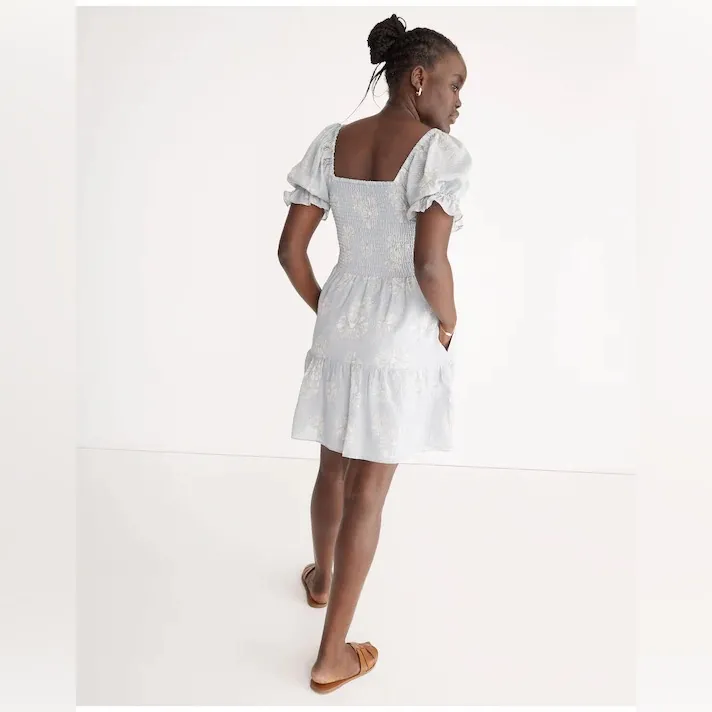 Madewell‎ Blue and White Floral Silk Lucie Smocked Mini Dress - Image 3
