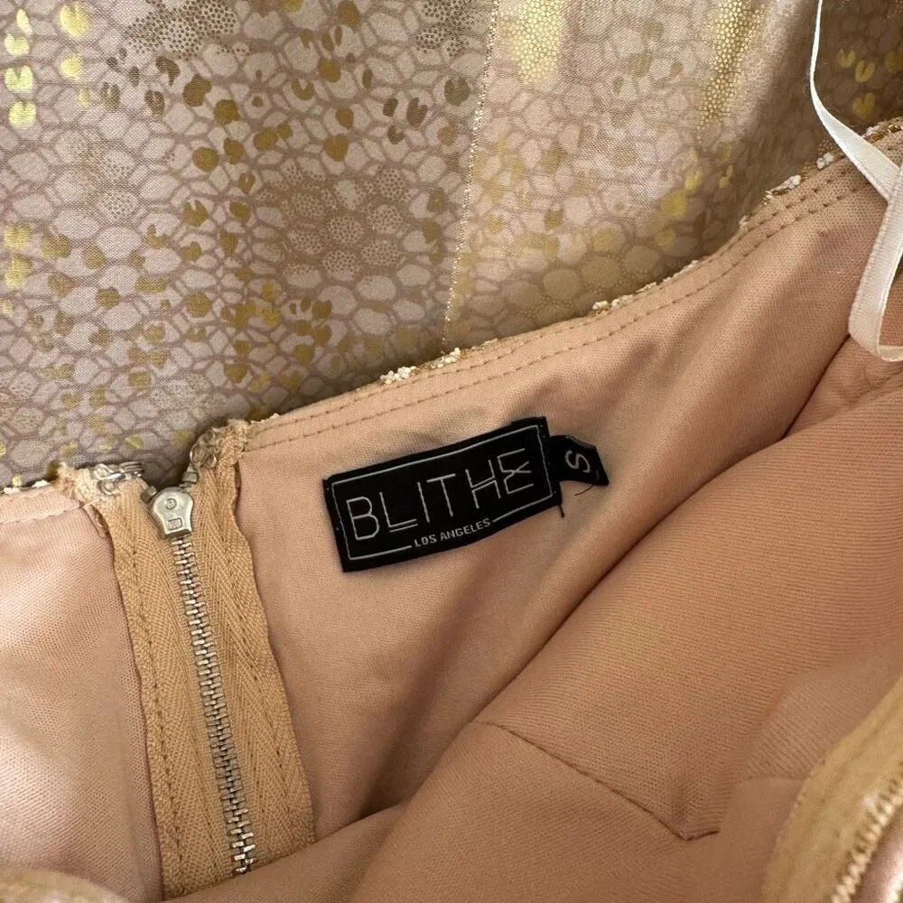 BLITHE Skirt Shorts Top Set Nude Sparkly Gold Glittery Mesh Girly Outfit XS/S - Image 3