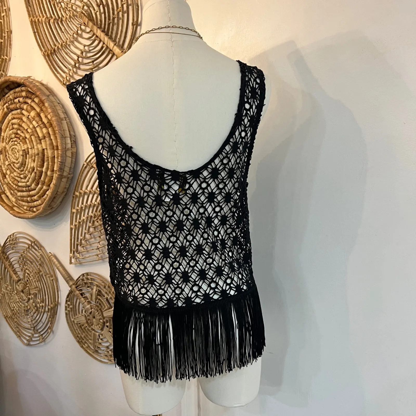 Vintage And How Paris NY Black Crochet Fringe Vest Boho 70s Western Sz M Size M - Image 8