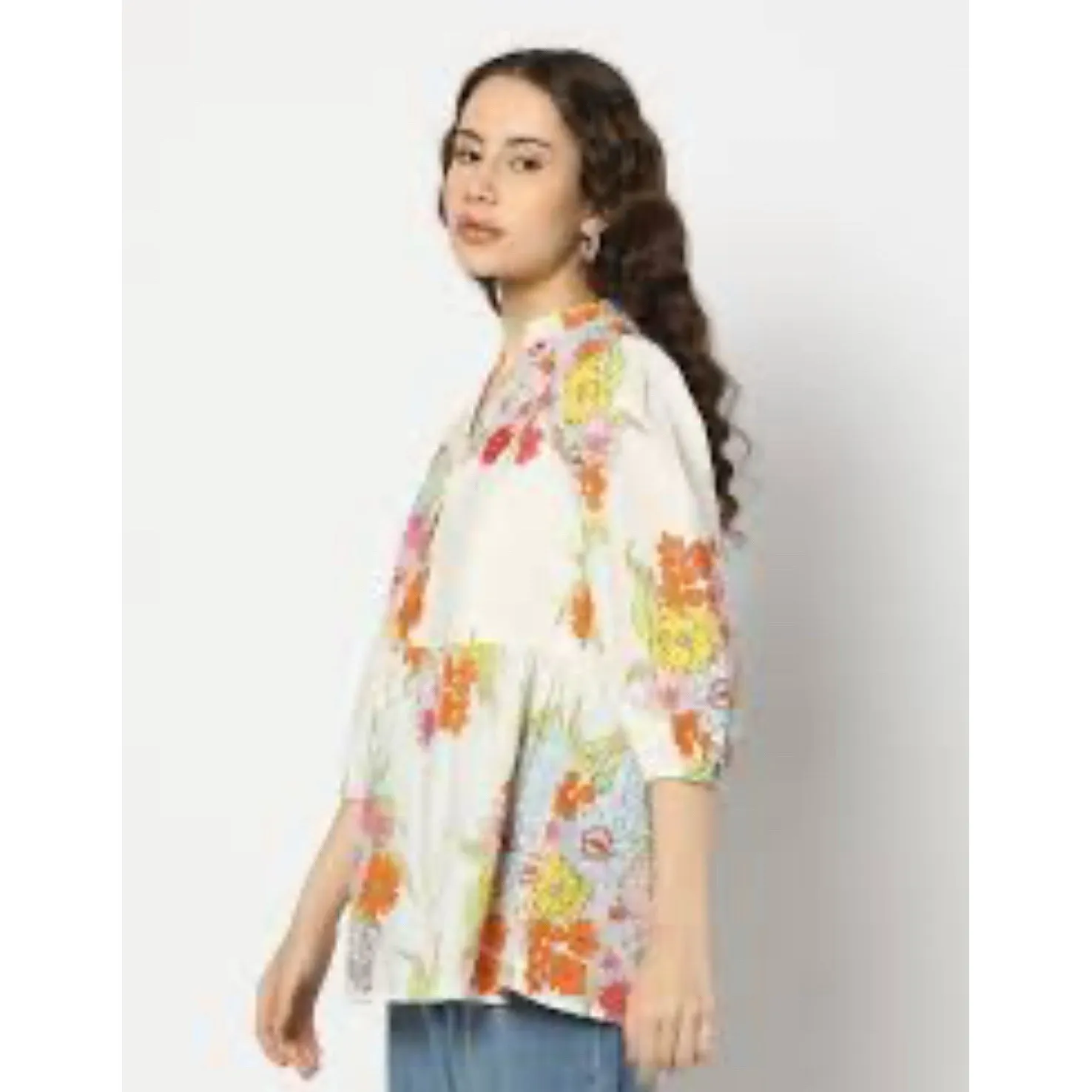 DNMX Women Floral Print embroidered Peplum Top XL Eyelet Shirt White - Image 2