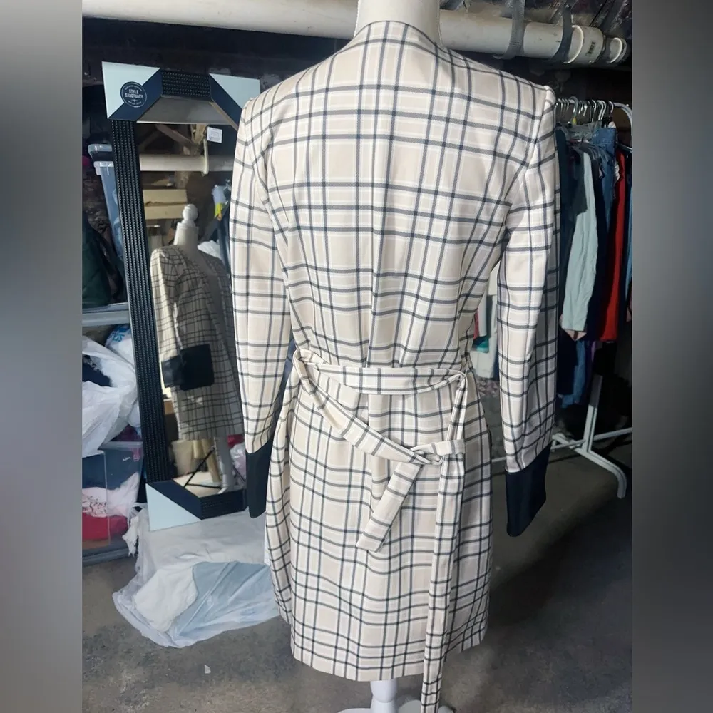 $159 Calvin Klein checkered long Cardigan jacket leather pockets padded Sz 4 NWT - Image 6