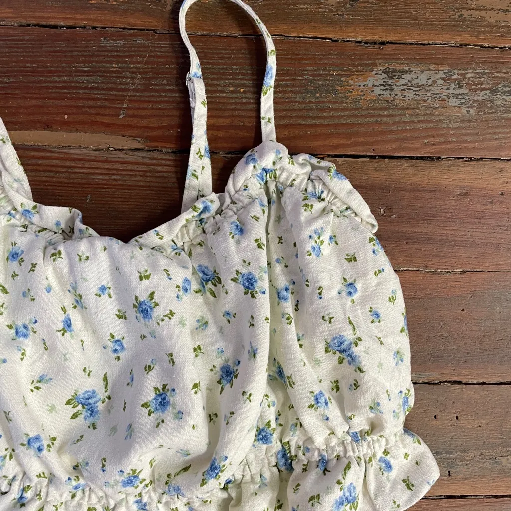 Ditsy Floral Linen Blend Tiny Tie Open Back Ruffle Tank Top - Sz XXL 💚🎀 - Image 13