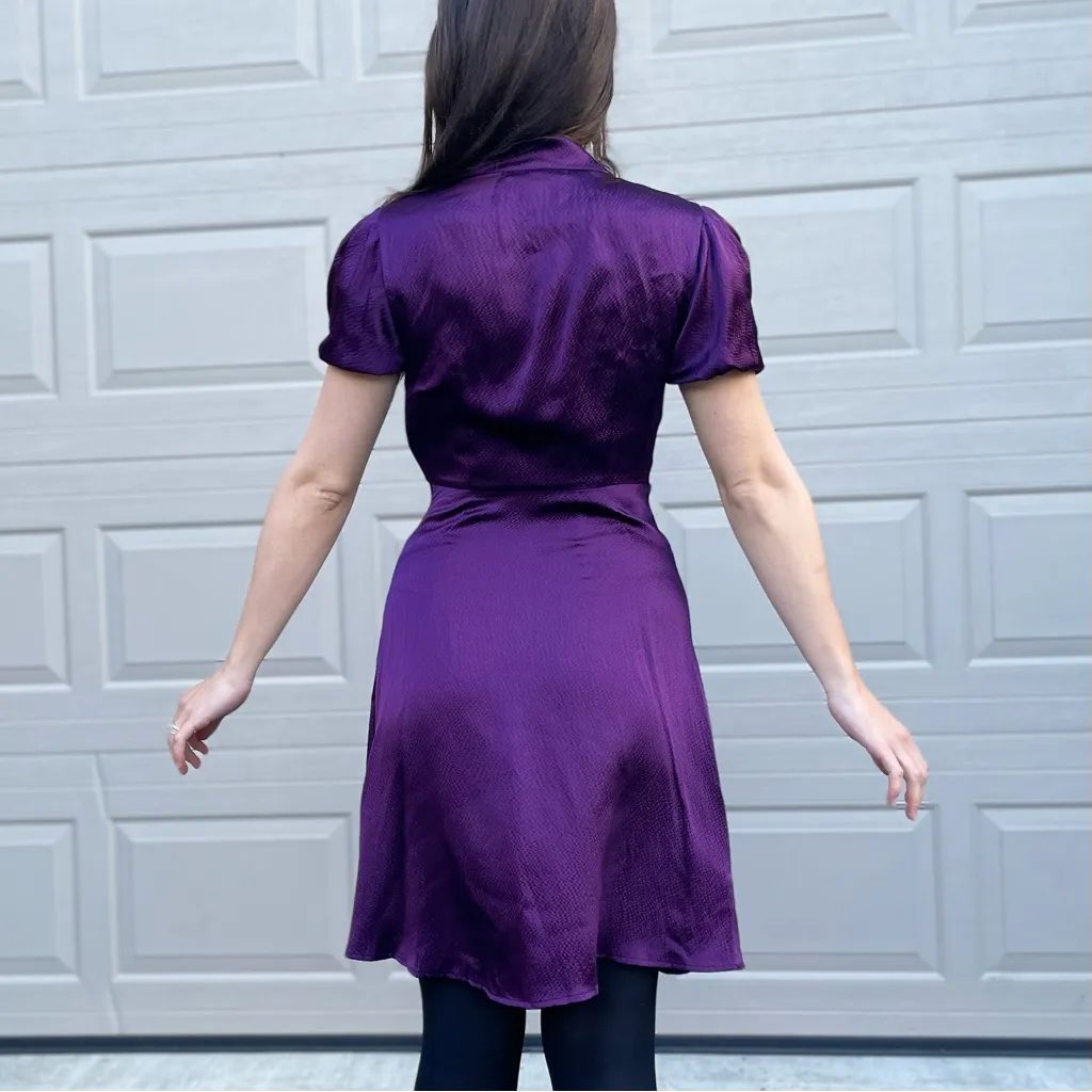 BCBGMaxazria Vintage Dark Romantic Vamp Whimsigoth Puff Sleeve Purple Silk Dress - Image 4