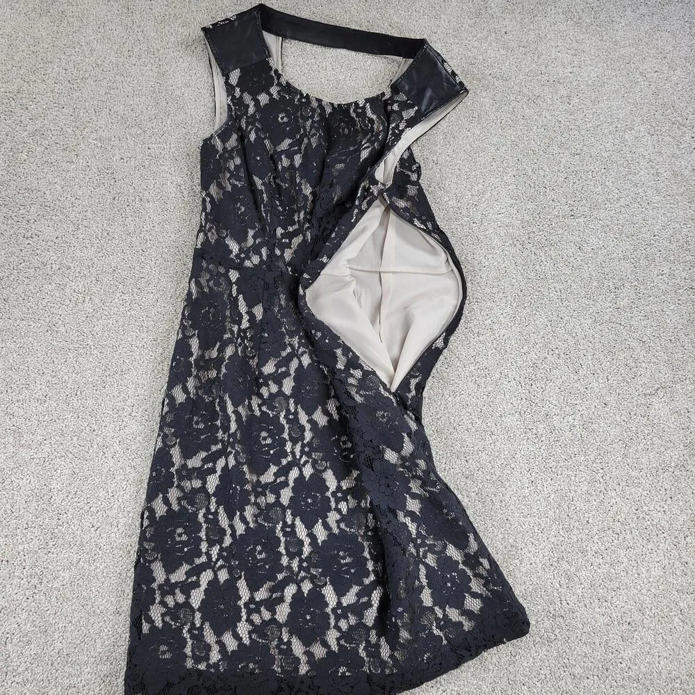 DKNY Jeans Lace Dress Womens 4 Black Faux Leather Trim Cotton Blend Sleeveless - Image 6