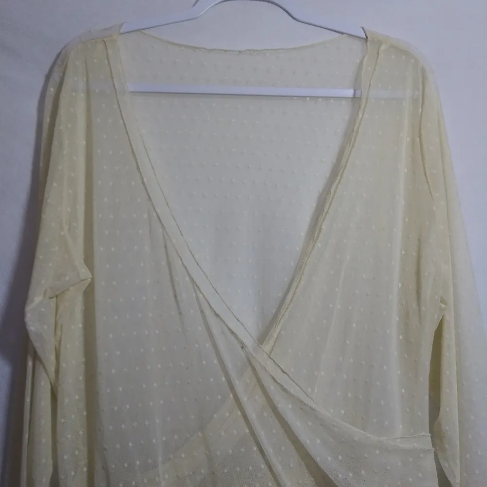 Cream Sheer Swiss Dot Deep V Faux Wrap Lace Long Sleeve Stretch Top Size XXL - Image 3