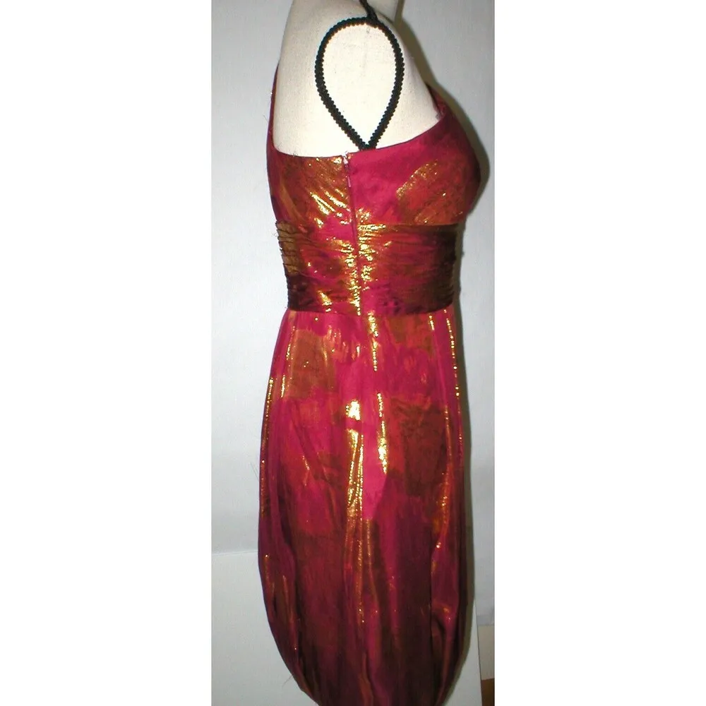 New NWT $310 Womens 6 Aidan Mattox Silk Metallic One Shoulder Dress Red Gold - Image 2