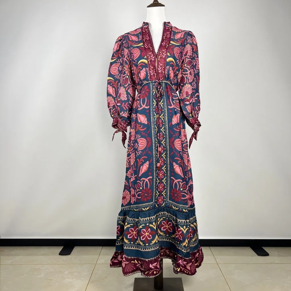 NWOT Farm Rio Floral Beads Tie Printed Tunic Ruffles Maxi Dress Size XS - Image 4