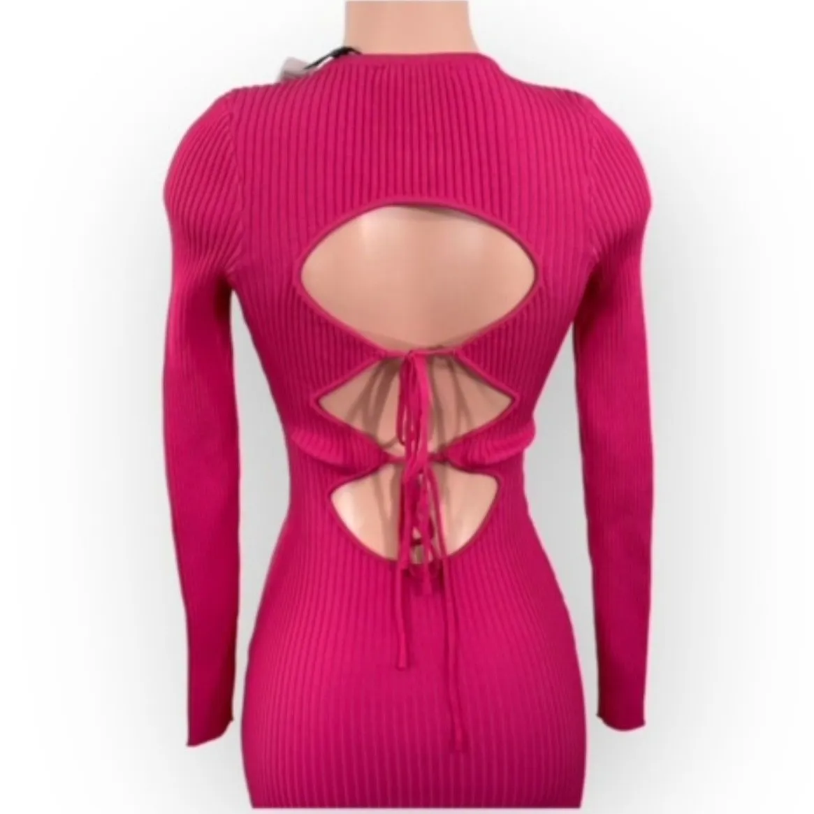 NWT MINKPINK Alba Midi Dress Size M PINK‎ Ribbed Knit Long Sleeve Cut Out Back - Image 8