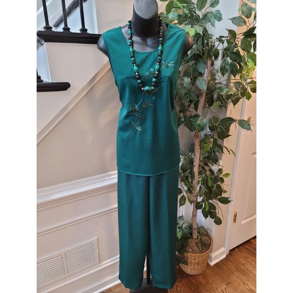 Maggie Sweet 3 Piece Suit Women's Medium Green Floral Long Sleeve Straight Leg - Image 2