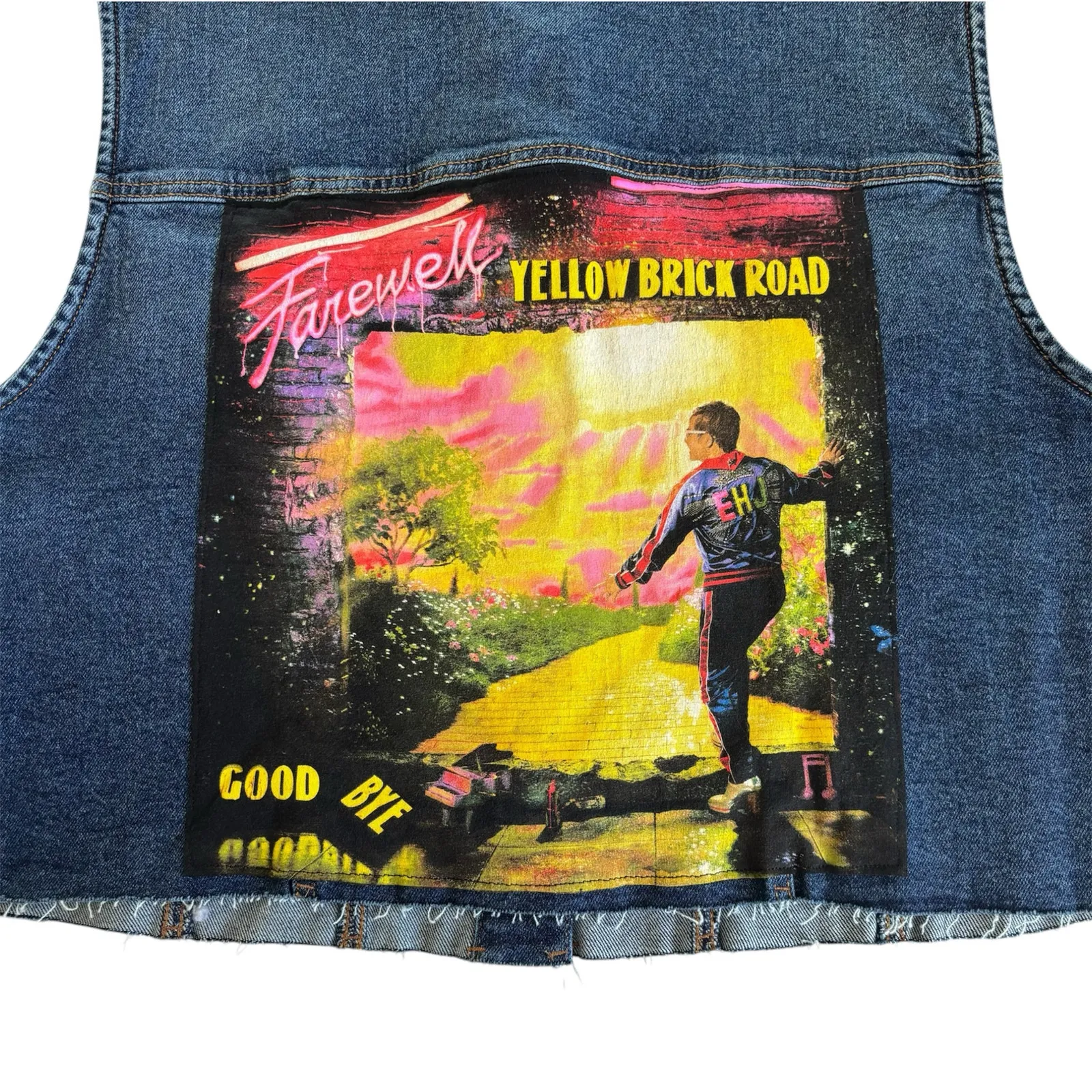 Via Penny Lane Reworked Apparel Elton John Graphic Raw Hem Cropped Denim Vest XL Blue - Image 6