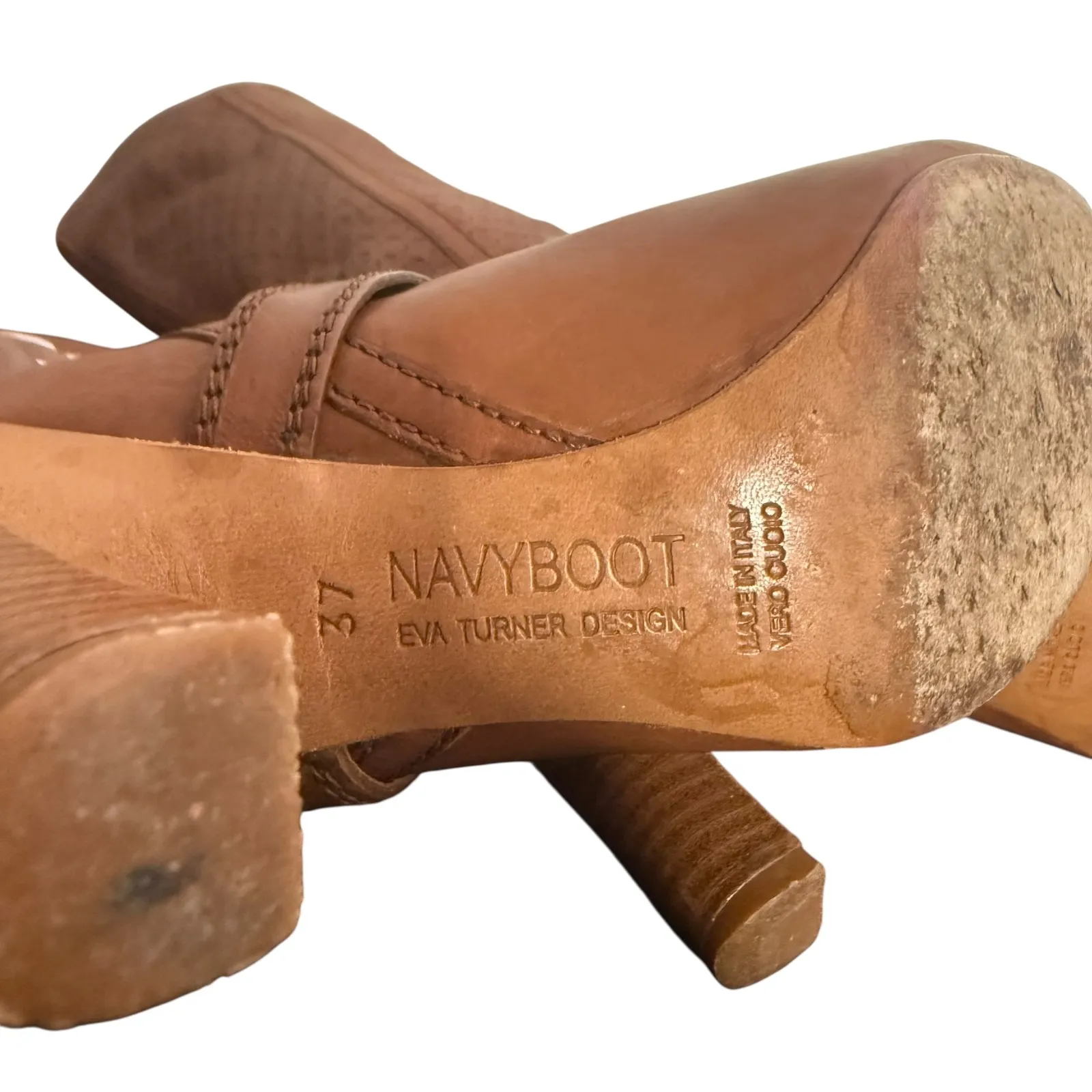 NAVYBOOT Eva Turner Brown Leather High Heel Boots Perforated Cutout Straps Sz 37 - Image 11