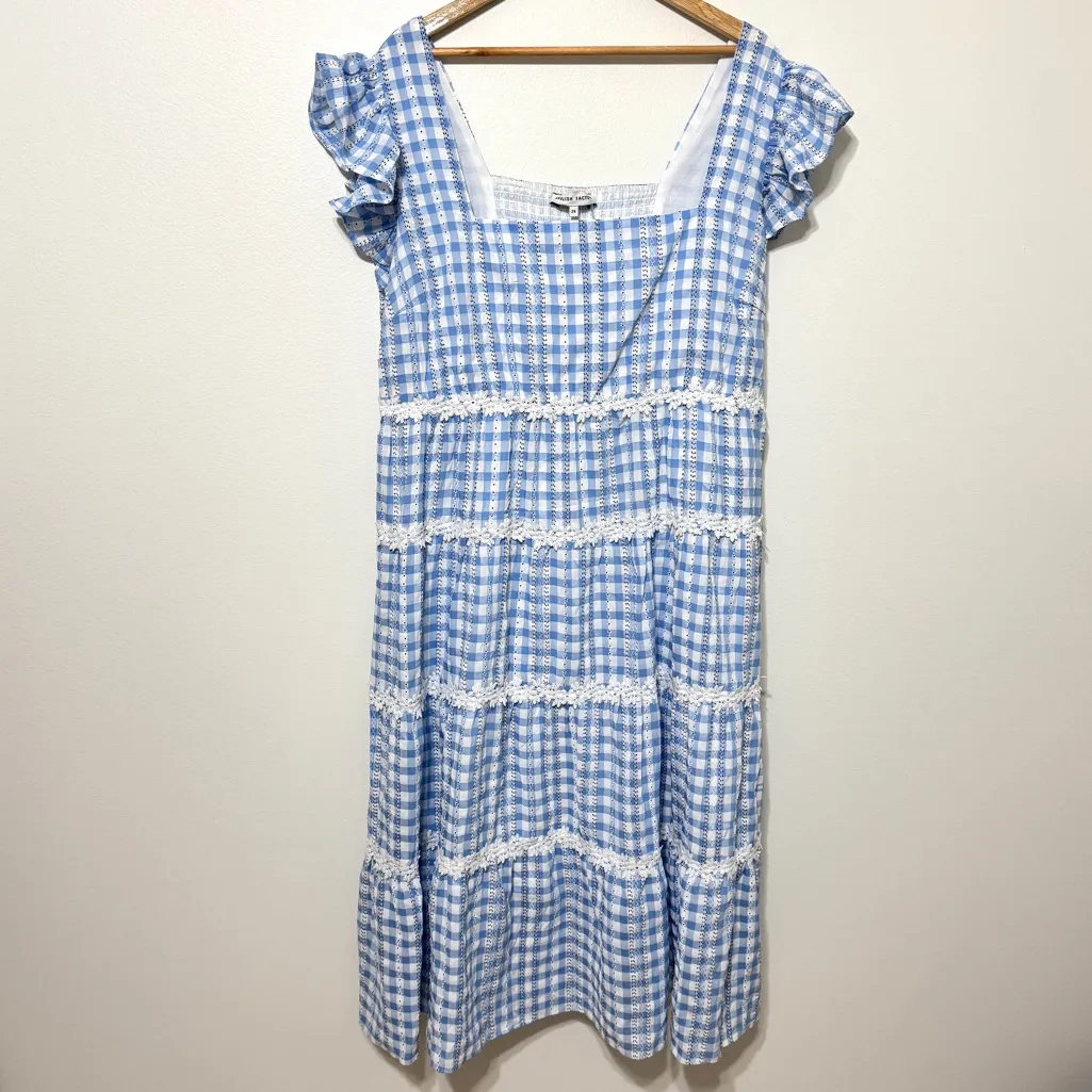 English Factory Gingham Midi Dress Size 2X Tiered Cotton Blue - Image 3