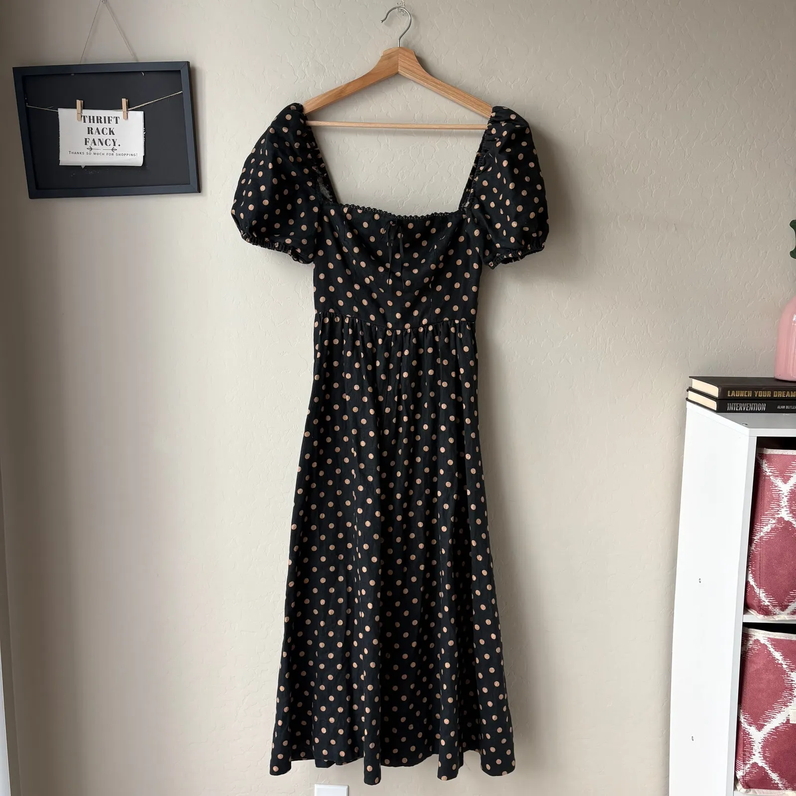 Reformation Dress Marella Polka Dot Black Ritz Puff Sleeve Linen Midi Dress 4 - Image 3