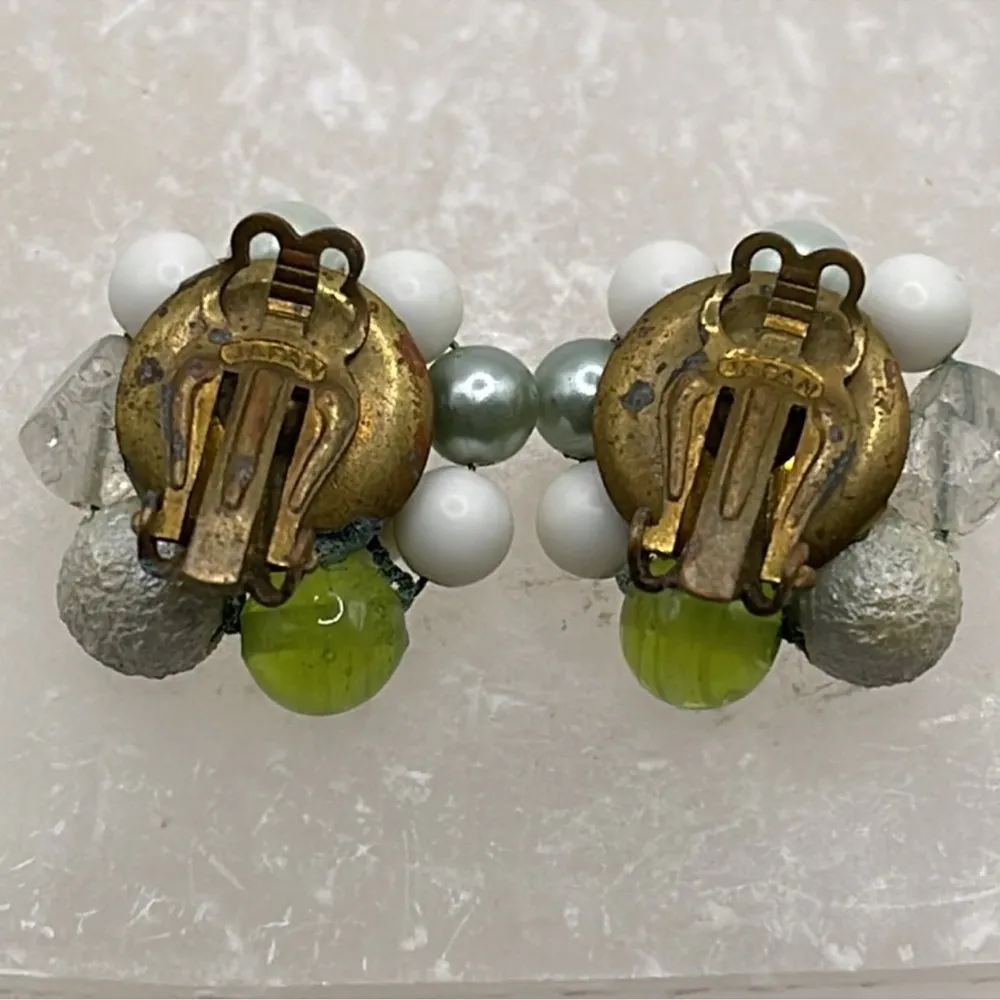 Japan cluster vintage clip on earrings green glass milk glass faux pearl style - Image 7