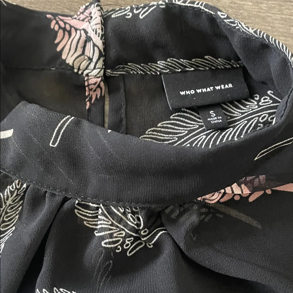 Who What Wear Sheer Black High Neck Blouse w/ Feather Print, Size Small - Image 2