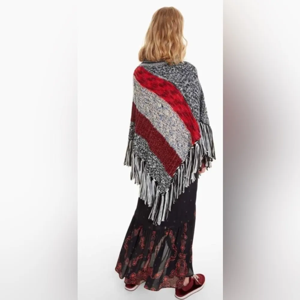 Desigual One Size Fits Most Multicolor Cowl Neck Fringe Hem Asymmetrical Poncho - Image 3