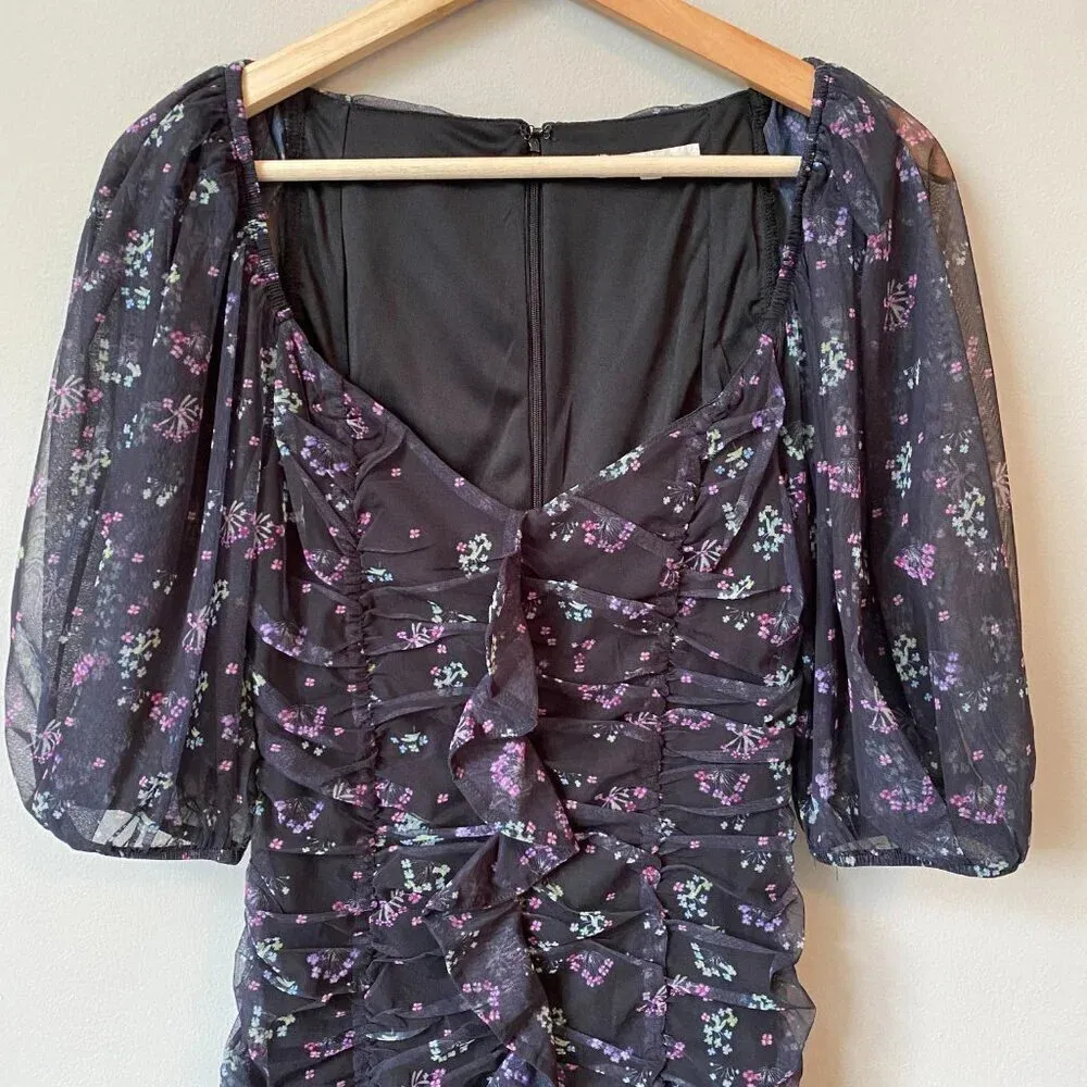 Et Clet Women's Small Puff Sleeves Ruched Floral Print Mini Dress Black Party - Image 5