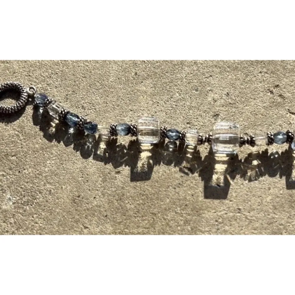 Vintage Silver Boho Chunky Blue White Clear Beaded Glass Women’s Sz 7” - Image 8