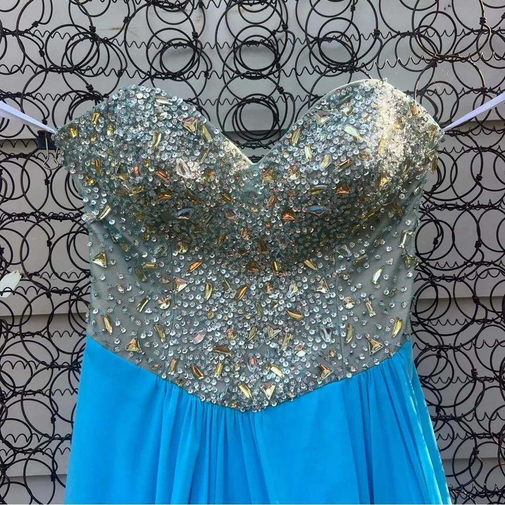 Terani Couture Strapless Prom Dress Blue Silver Embellish flowy chiffon skirt 4 - Image 4