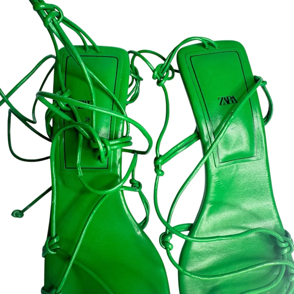 ZARA TIE STRAP HEELED SANDALS Faux Leather Strappy Ankle Lace Up‎ US 7.5 EU 38 - Image 4