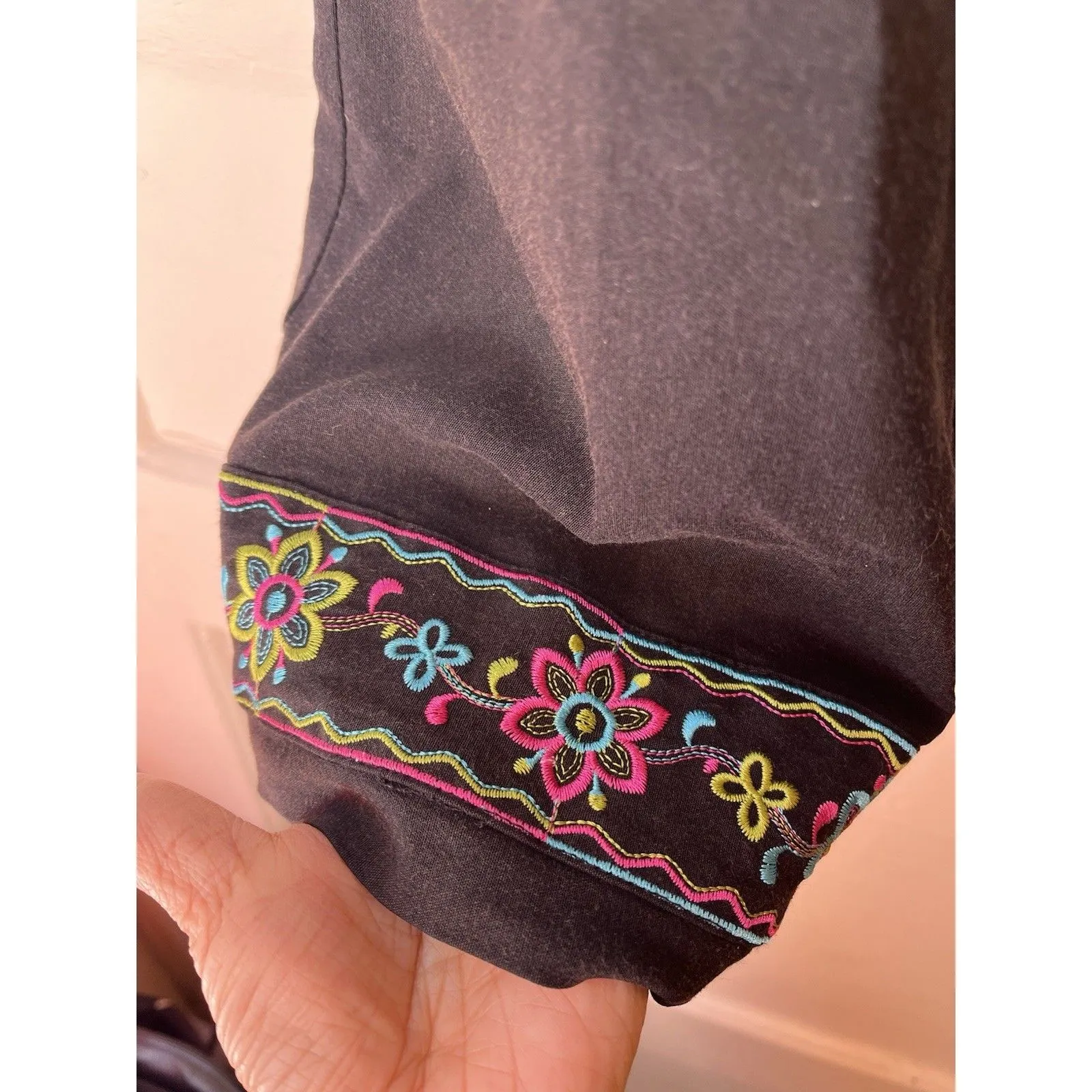 Vintage 80s Black Cotton mid rise floral Embroidered Cropped altered Pants XL - Image 9