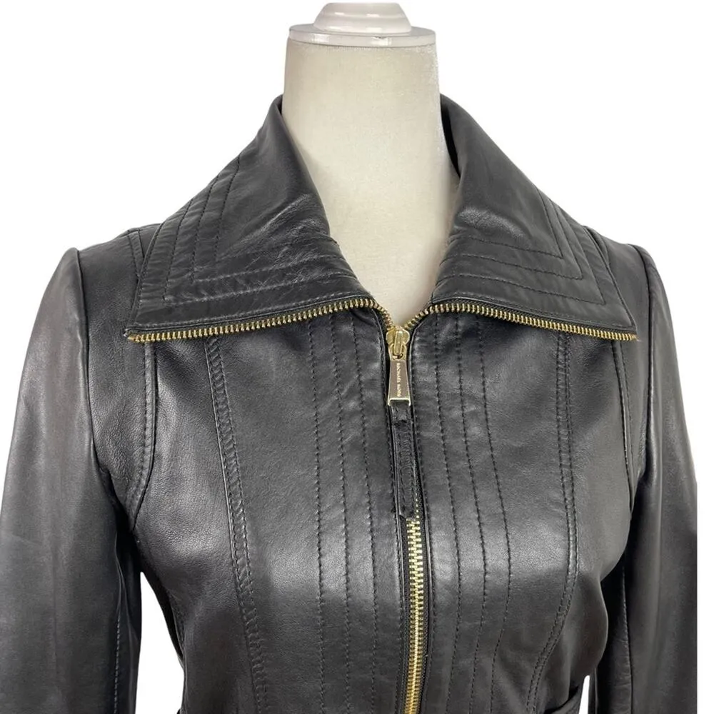 Michael Kors Missy Wing Collar Black Leather Moto Jacket Size XS $695 - Image 4