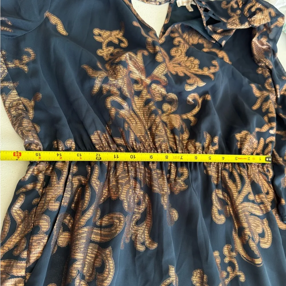 Adriane Dress by Skies are Blue Stunning Shiny Gold and Blue Large Mini Sheer - Image 6