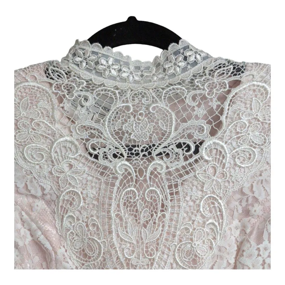 Vintage 80's Scott McClintock Pink Ivory Lace Victorian Style Dress High Neck 6 - Image 3