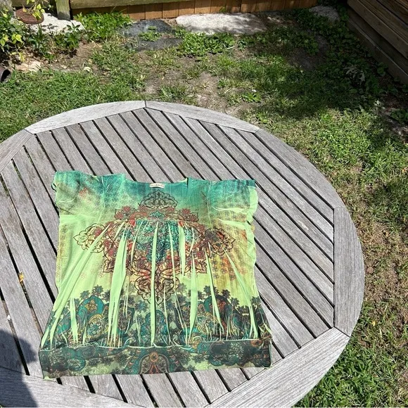 LIVE AND LET LIVE Shirt Top Petite XL Green Sublime Rhinestone Fairy Fall Light‎ - Image 3