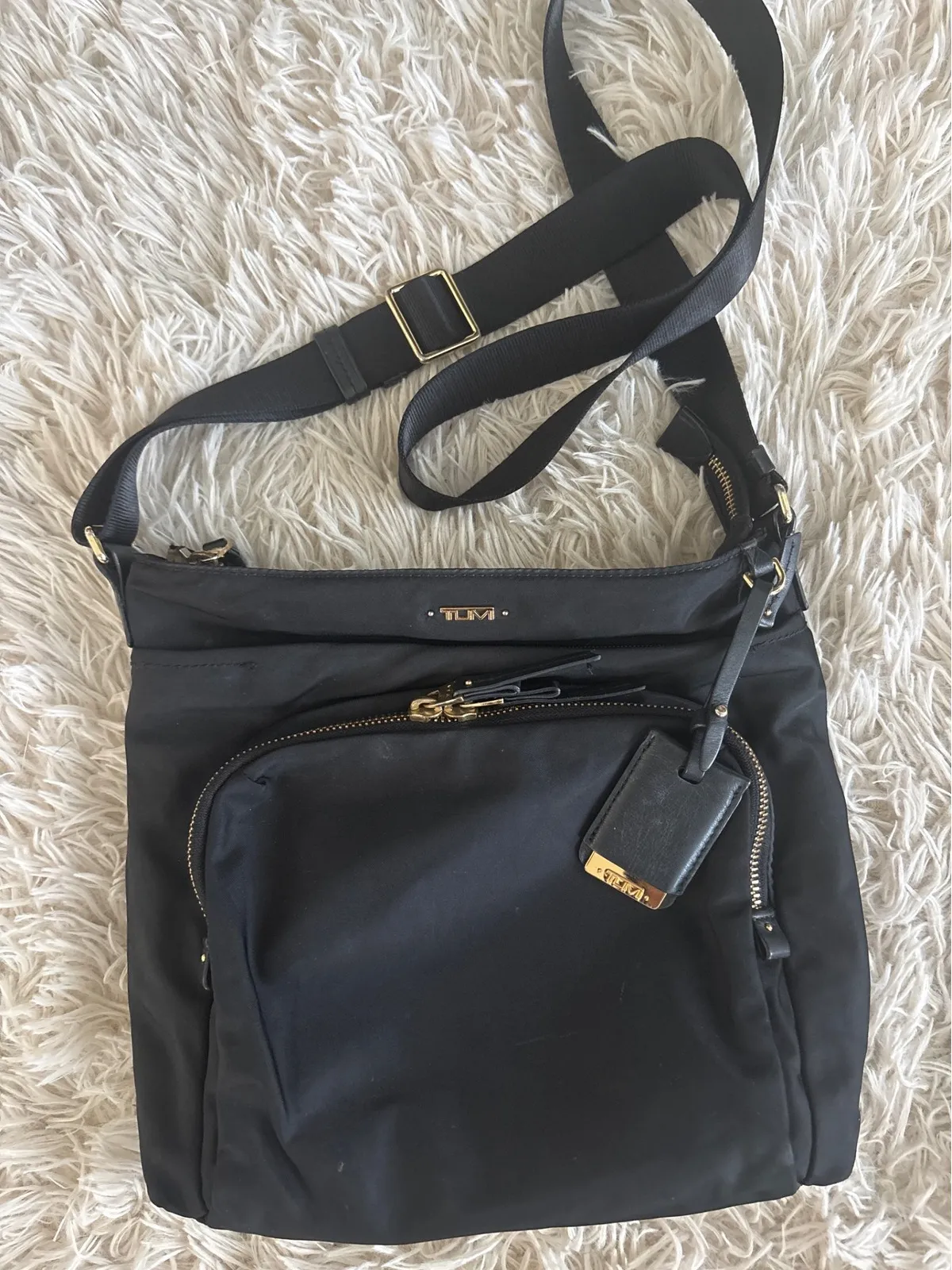 Tumi Nylon Crossbody Bag Black Gold Tone Zipper Adjustable Strap Tablet Pouch - Image 1