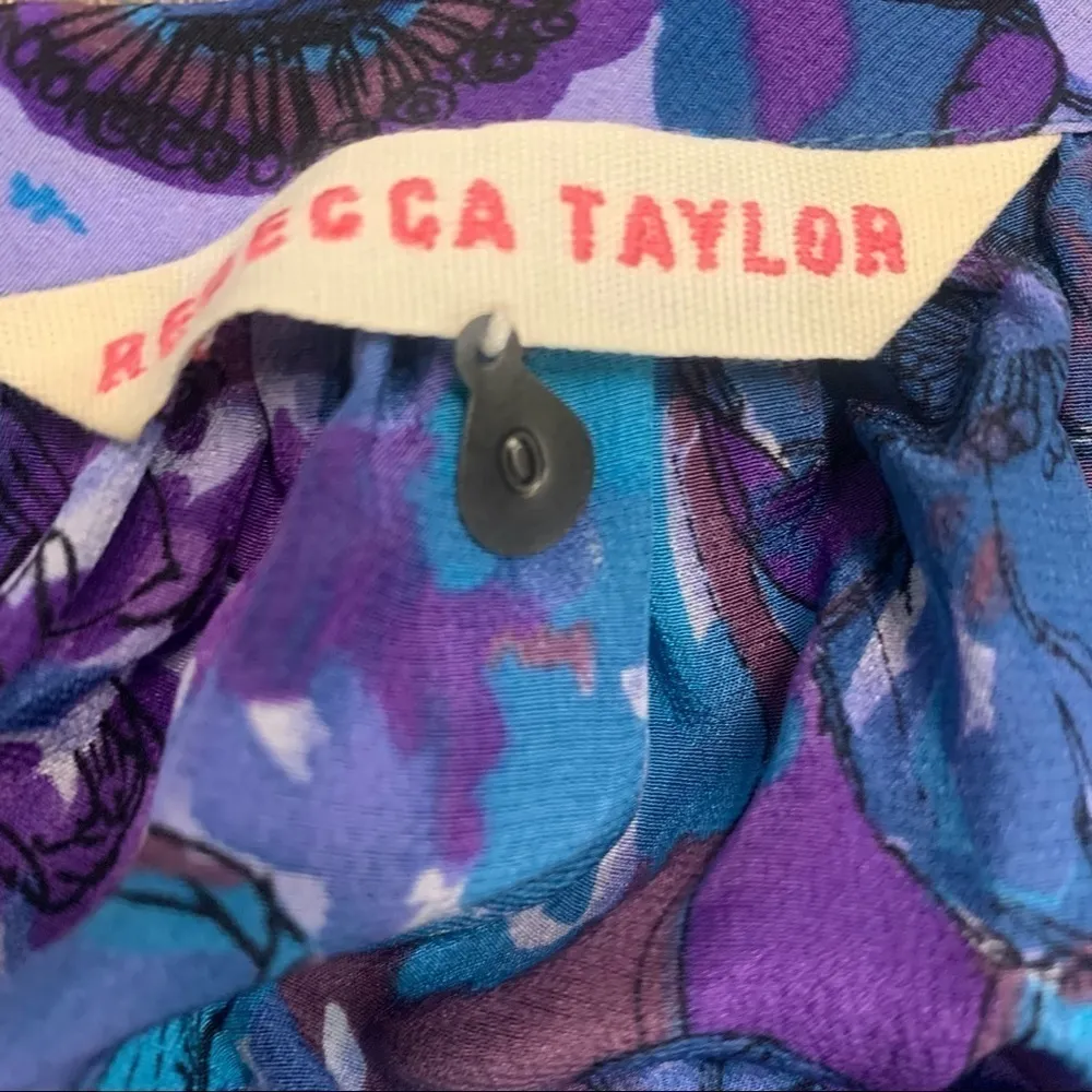 Rebecca Taylor - Purple & Blue Floral Print Long Sleeve Silk Blouse W/ Neck Tie - Image 5