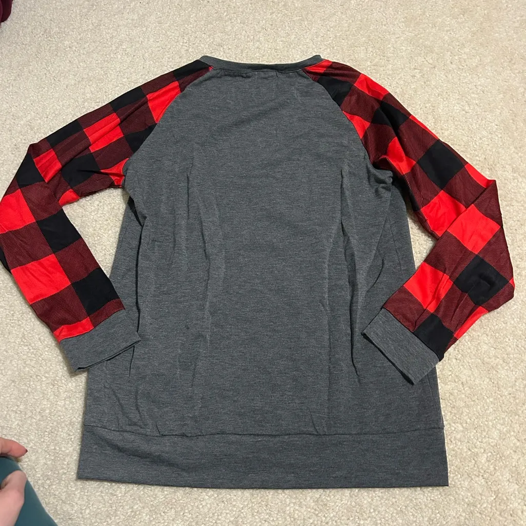 Merry Christmas Plaid Sleeve Shirt Gray - Image 2