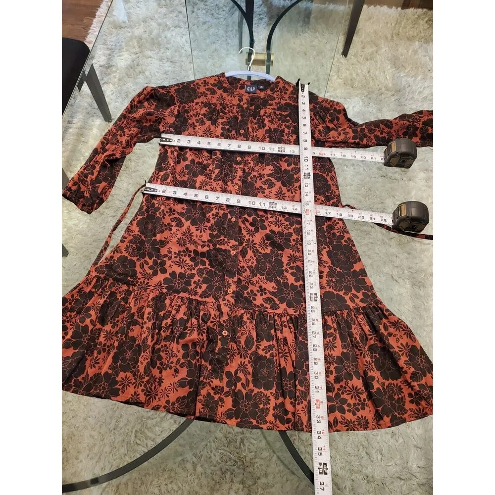 Gap Women's Brown Floral Crew Neck Long Sleeve Button Front Knee Length Dress XS - Image 12