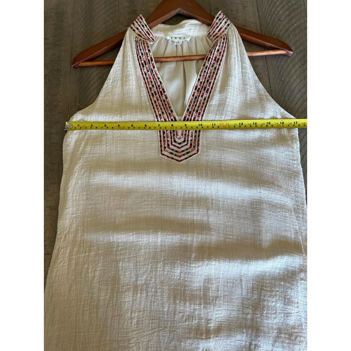 THML Beige Boho Embroidered Deep V-Neck Shift Mini Dress Women’s size Small - Image 9