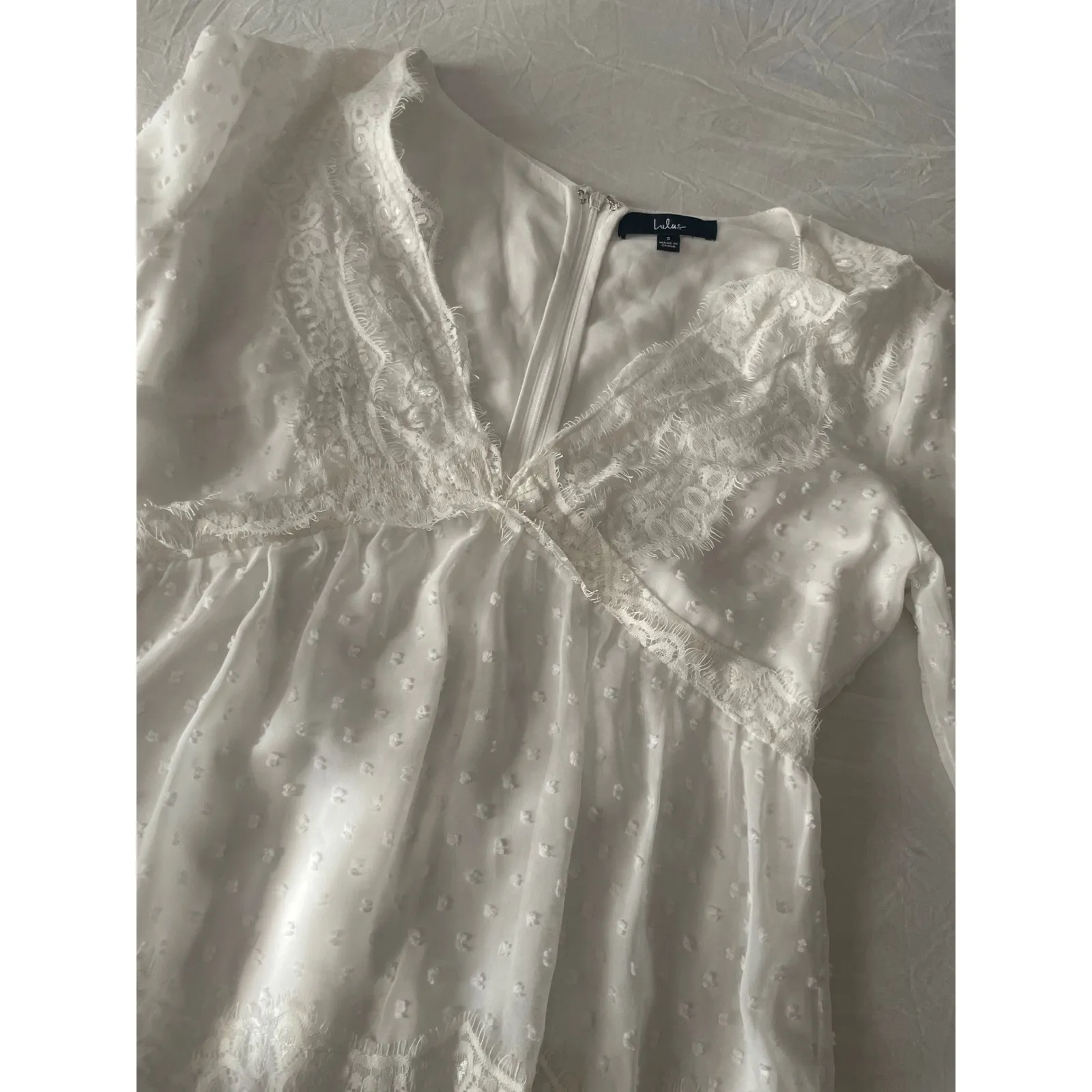 Lulus White Swiss Dot Mini Dress Long Sleeve Lace Trim V Neck Size S - Image 4