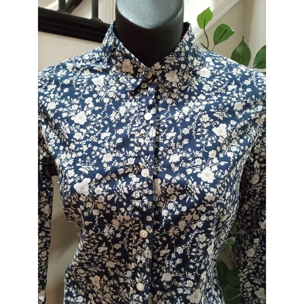 Liberty For J.CREW Women's Navy Floral Cotton Collared Button Down Shirt Size 2 Blue - Image 2