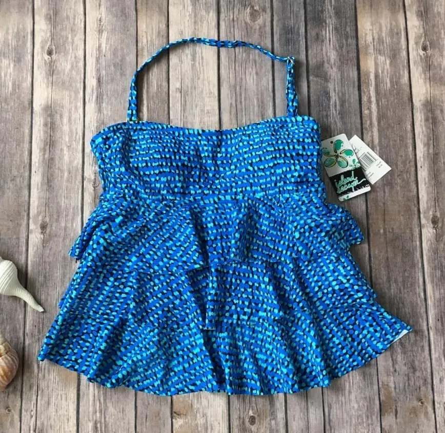 New Island Escape Tankini Swimsuit Top Women 6 S Bandeau Ruffled Halter Tiered Blue - Image 1