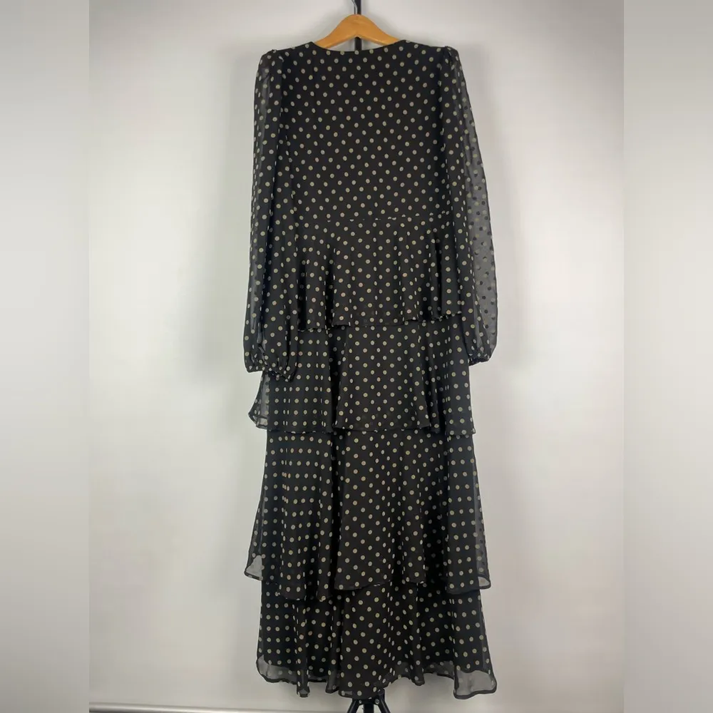 Zara Black Gold Polka Dot Tiered Ruffled Long Sleeve Chiffon‎ Midi Dress - Image 11