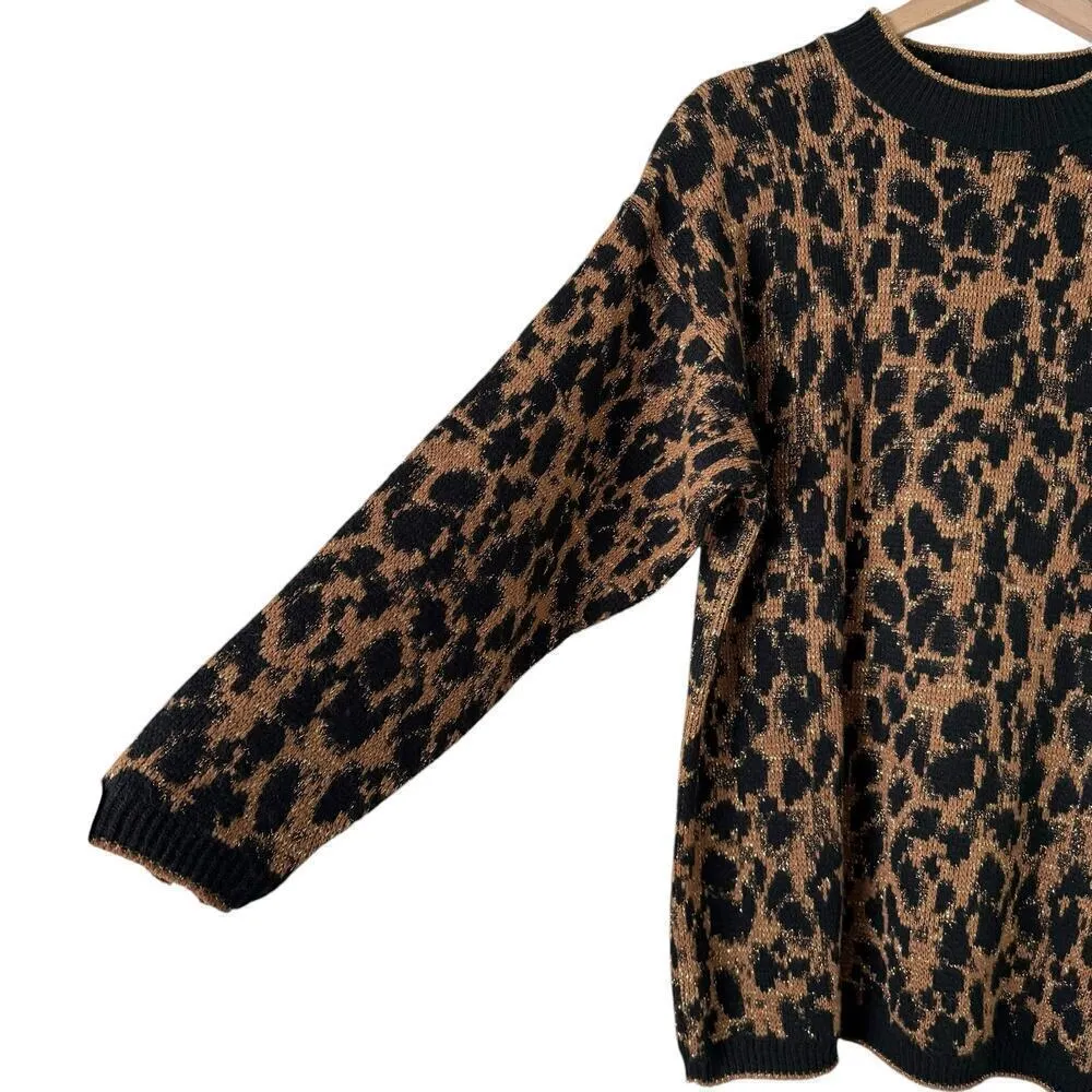 Vintage 80s Crewneck Leopard Pullover Knit Sweater Black Brown Metallic Gold, L Size L - Image 8