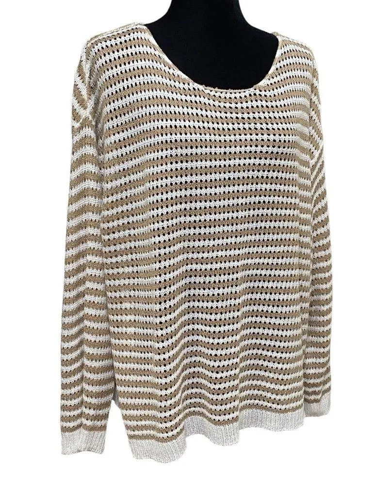 Pink Lily Taupe Ivory Striped Boho Beachy Open Knit Sweater 3XL - Image 8