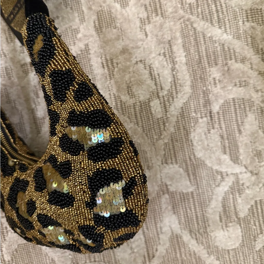 NWT Viral Leopard Cheetah Beaded Sequin Bag Black Velvet Bow Made in India New - Image 4