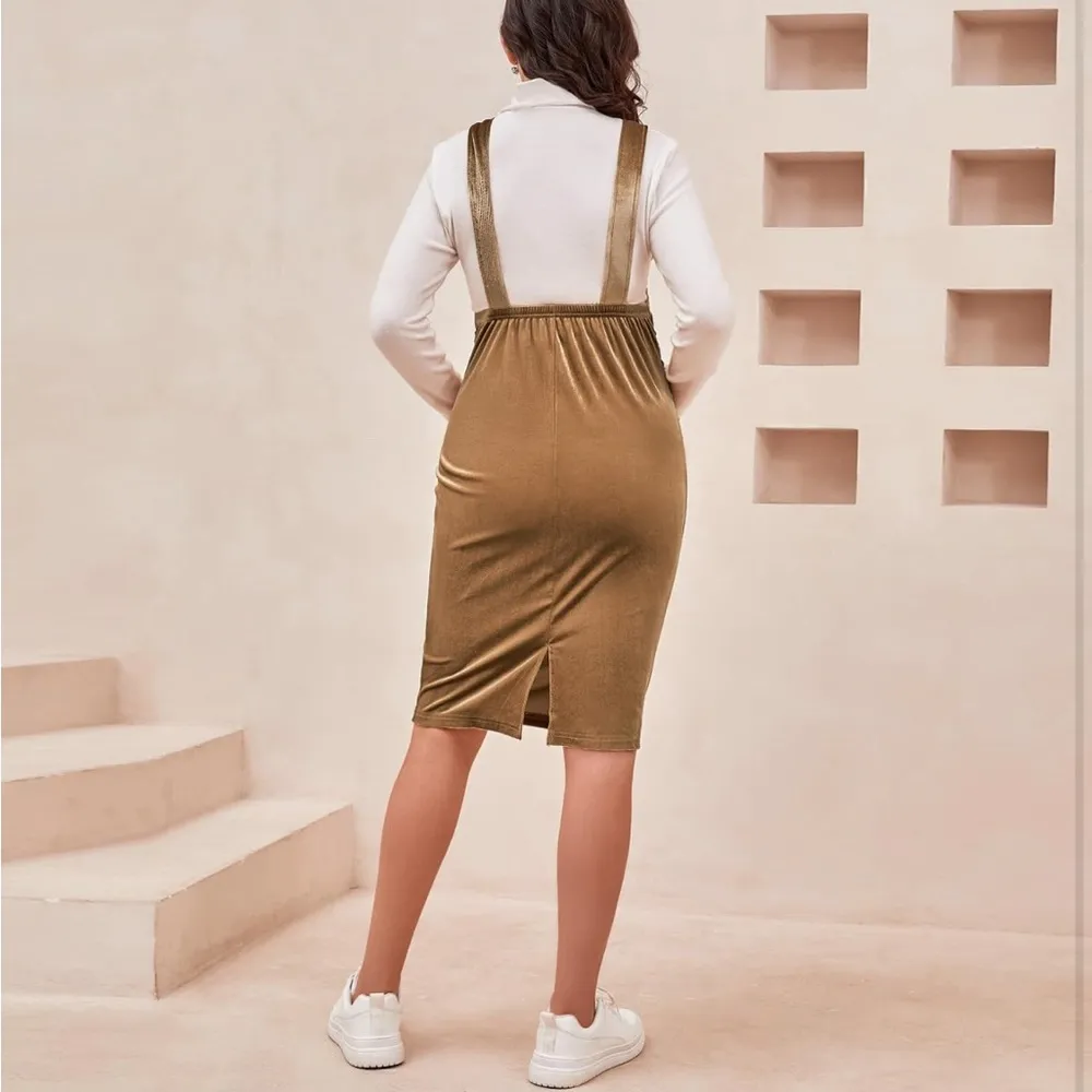 NWOT Velour Overall Maternity Dress Gold Size M - Image 3