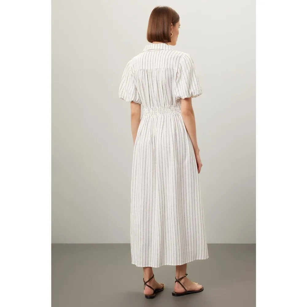 DEREK LAM COLLECTIVE White Stripe Linen Collar Knot Waist Shirt Dress Size 42 - Image 3